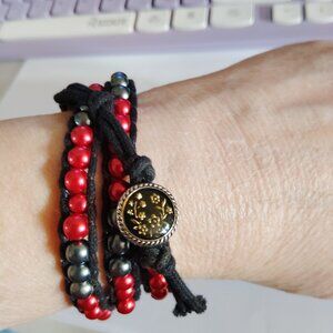 Artisan Style Wrap Bracelet Red & Gray Glass Beads Black Cord 20–22" Boho
